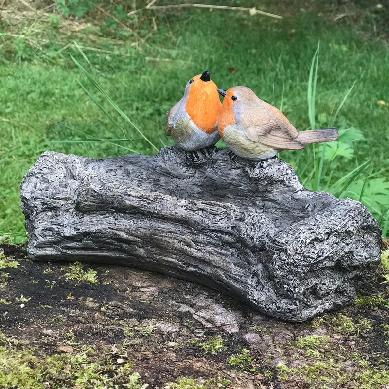 Robin on log effect Bird Bath or feeder with decorative robins, great robin lover gift