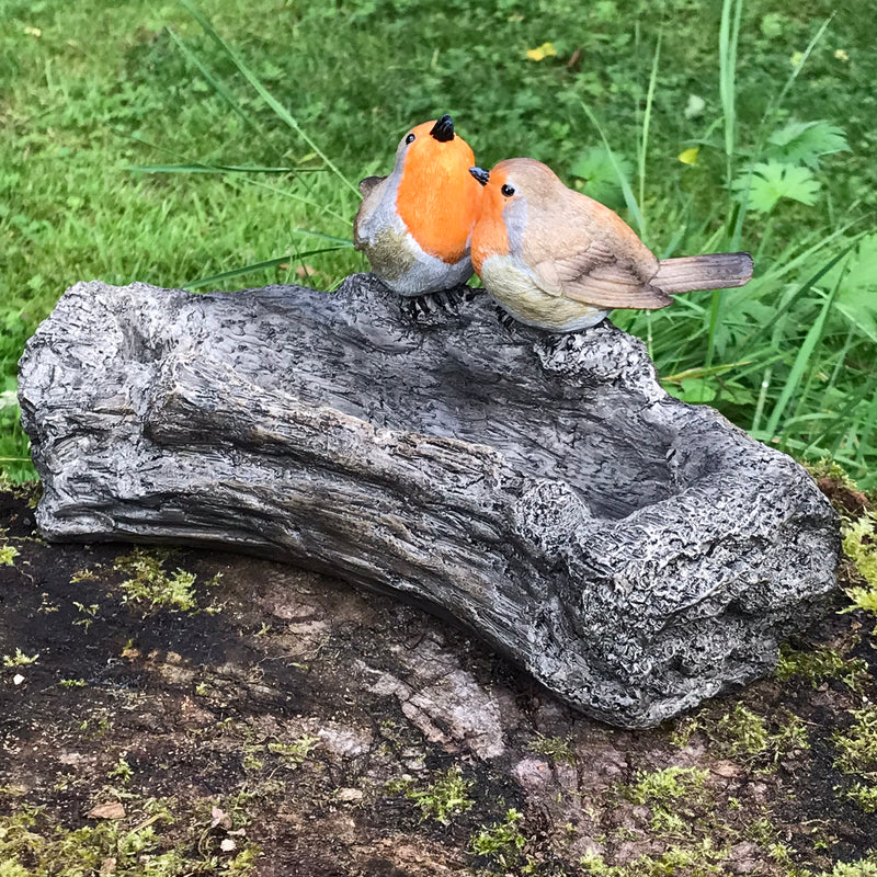 Robin on log effect Bird Bath or feeder with decorative robins, great robin lover gift