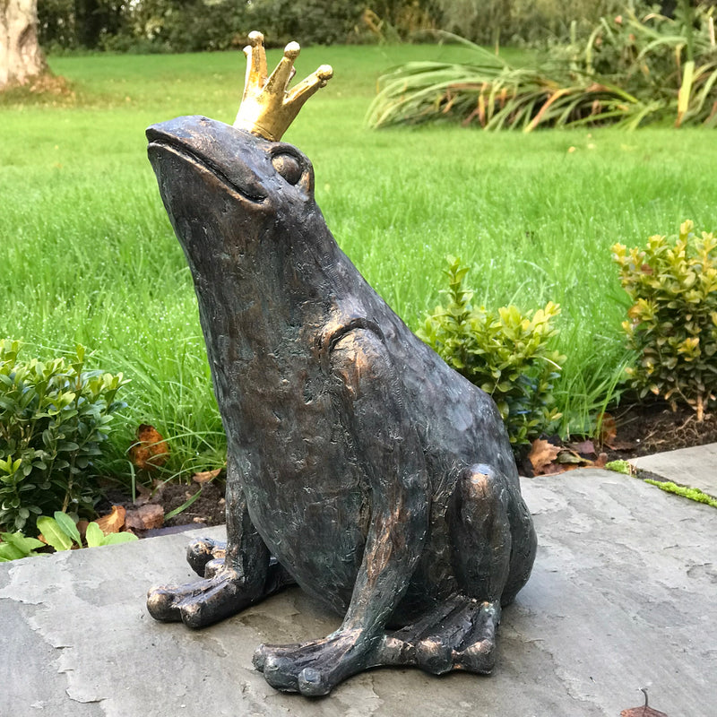 Bronze effect 'Frog Prince' wearing Crown novelty pond or garden decoration