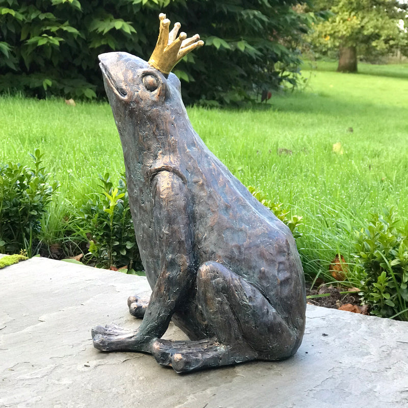 Bronze effect 'Frog Prince' wearing Crown novelty pond or garden decoration