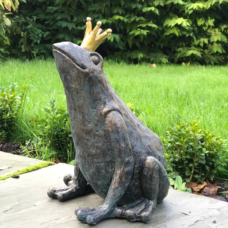 Bronze effect 'Frog Prince' wearing Crown novelty pond or garden decoration