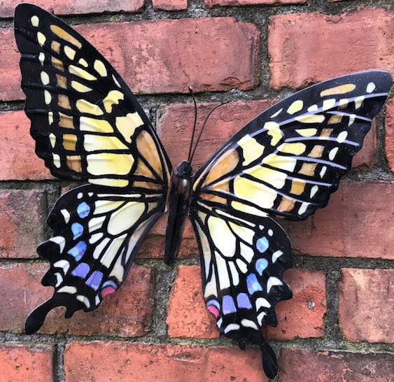 SET OF TWO large 35cm Yellow metal Butterfly garden ornament wall art decorations, boxed
