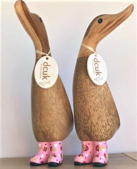 DCUK natural wood Duckling wearing Flower design Wellies in a choice of colours