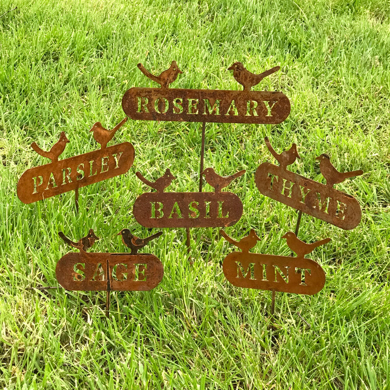 SET OF 6 rustic metal herb signs, includes 1 each of Basil Mint Thyme Parsley Sage & Rosemary