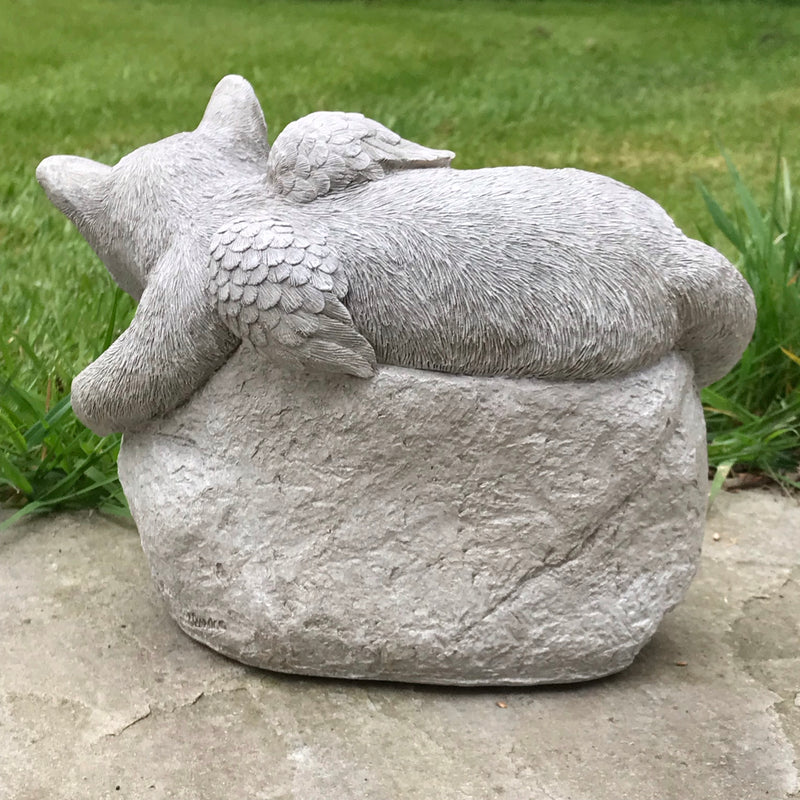 Large Cat with angel wings laying on a stone, lovely memorial, grave marker or pet loss gift