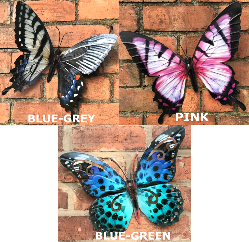 SET OF 3 LARGE (35cm) metal Butterfly wall art decorations in Pink ,Blue-Green & Blue-grey