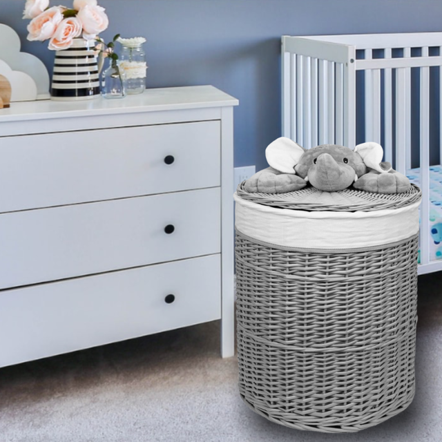 Fabulous grey wicker lined Laundry Basket with Elephant decoration on lid, available in 2 sizes