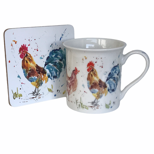 Leonardo Country Life Cockerel & Hen china Mug & Coaster set, great Chicken lover gift, in quality gift box