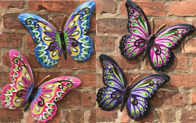 4 LARGE (35cm) metal Butterfly wall art decorations, in Purple, Pinks and Blue multi-colours