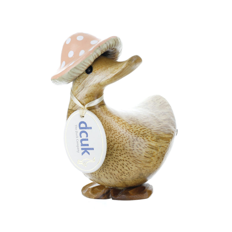 DCUK 'Toadstool Folk' natural wood Ducky in Spotty Hat, with name tag