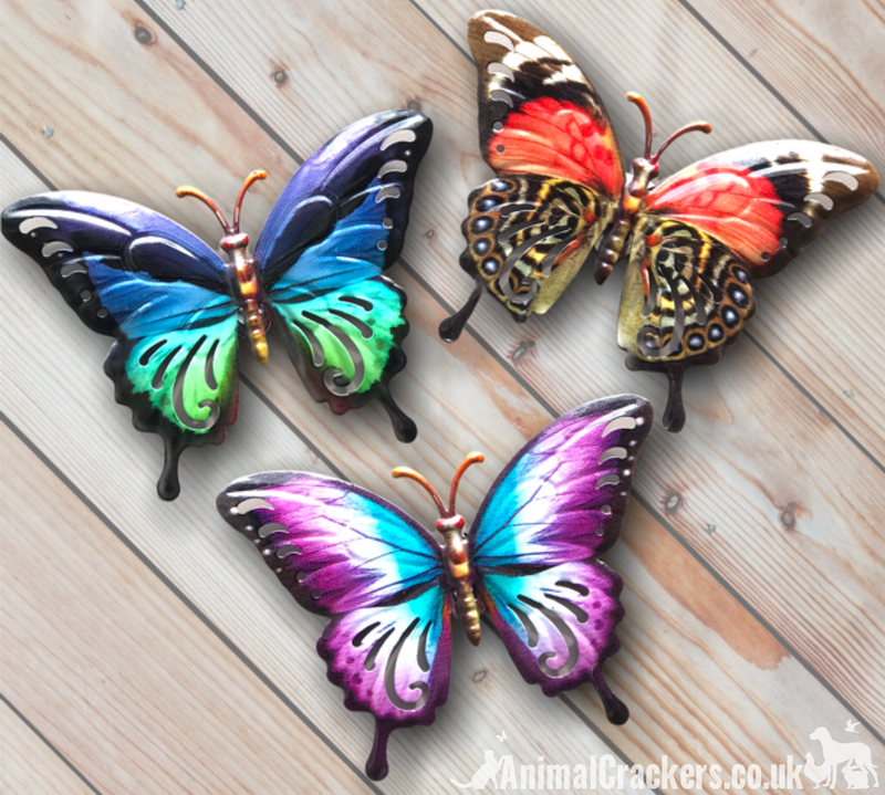 Set of 3 bright multicoloured 16cm Metal Butterflies garden decoration wall art