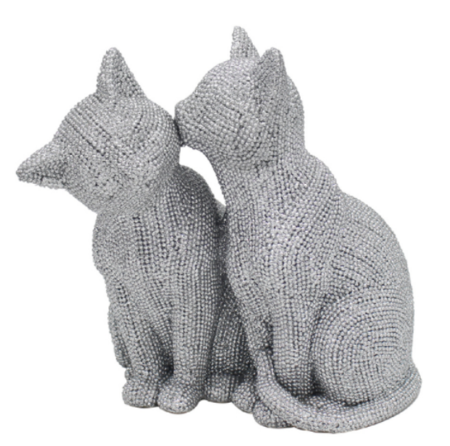 Two Cats ornament, glitzy glittery silver diamante effect figurine - large (19cm)