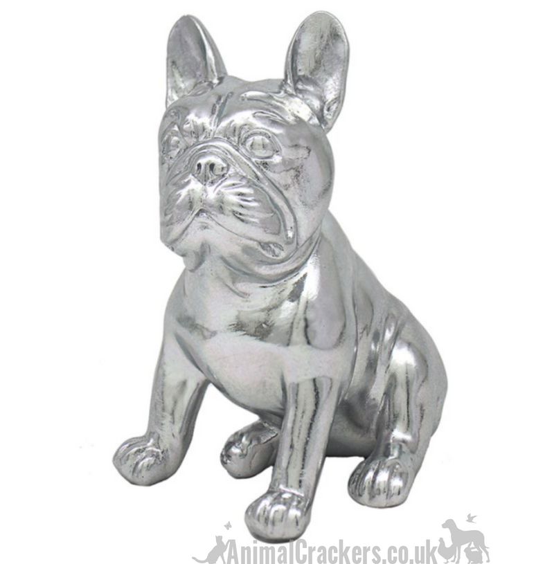 Lesser & Pavey 'Silver Art' heavy resin silver effect sitting French Bulldog figurine ornament, Frenchie lover gift