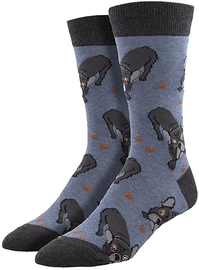 Men's French Bulldog socks 'Frenchie Fellowship' design by Socksmith, one size