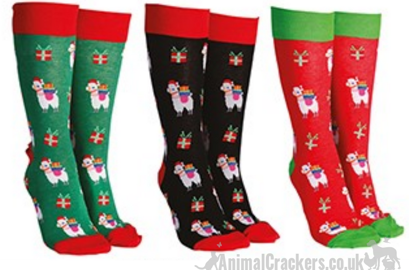 Novelty Christmas Llama Alpaca design socks, Unisex and One Size, quality cotton mix socks from 'Sock Society'