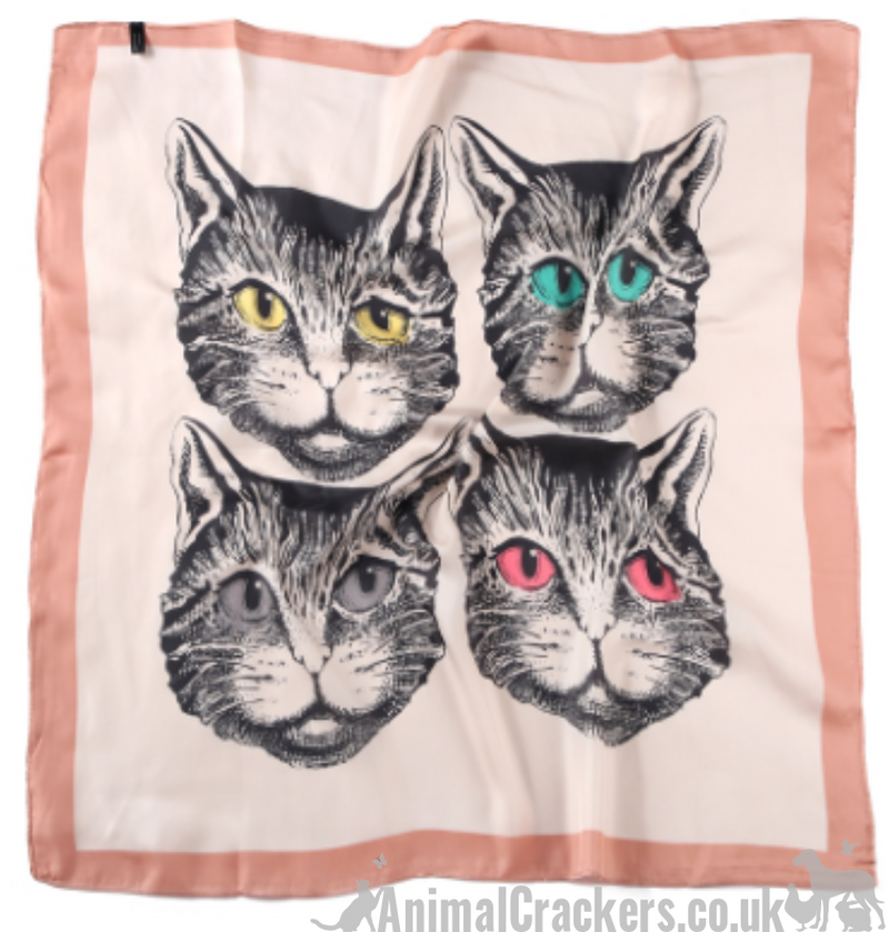 Striking Cat Face print lightweight silk mix scarf headscarf neckerchief, great Cat lover gift