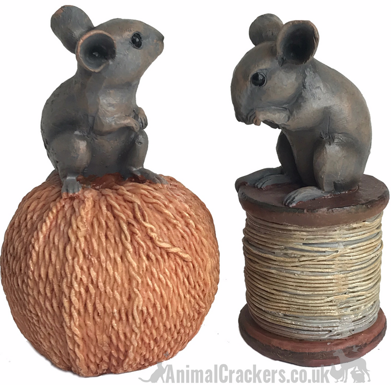 SET OF 2 old antique effect mice ornaments, one on a reel, one on a ball of string, great sewing fan or mouse lover gift