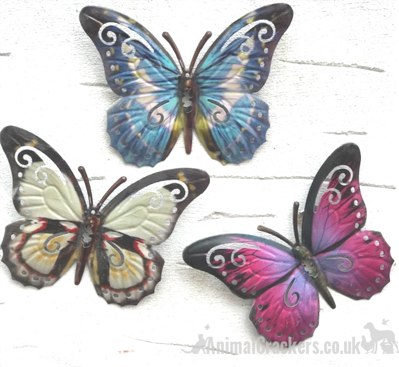 Set of 3 16cm pink blue white coloured metal Butterfly garden decoration wall art