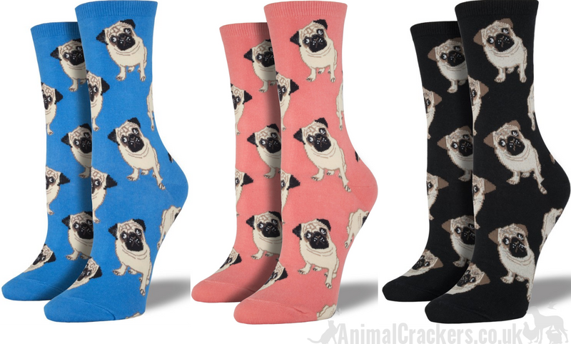 Women's Pugs socks from Socksmith, beige Pug design in a choice of background colours, one size