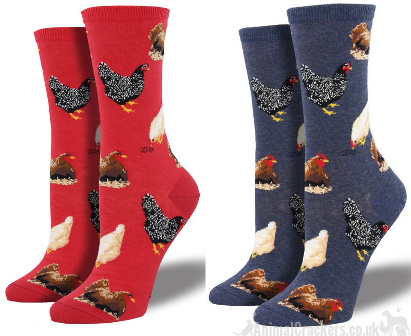 Womens Socksmith novelty Hen design socks in Red or Denim Blue, One Size, great Chicken lover gift and stocking filler