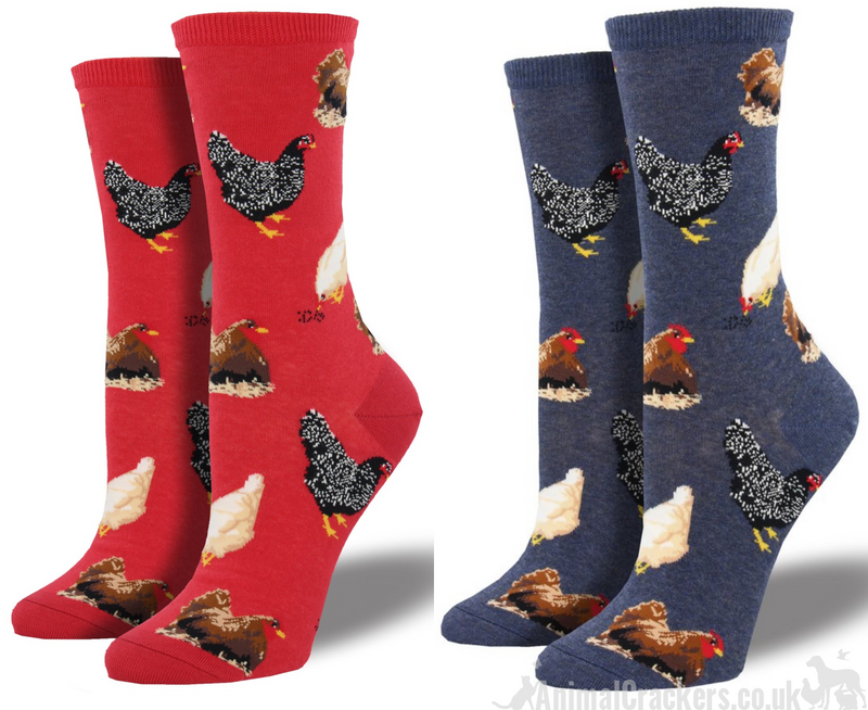 Womens Socksmith 'Hen House' novelty Hen design socks in Red or Denim Blue, One Size, great Chicken lover gift and stocking filler