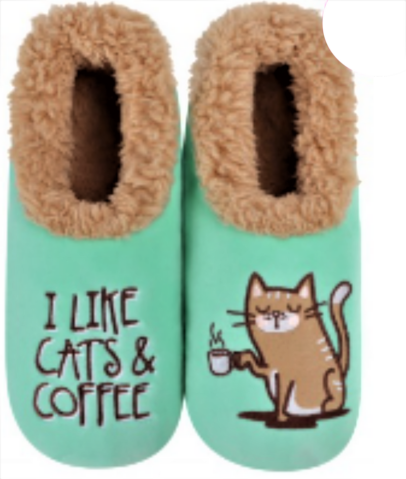 Ladies Snoozies Pairables 'I LIKE CATS & COFFEE' design cosy washable non-slip Slippers Cat lover gift stocking filler
