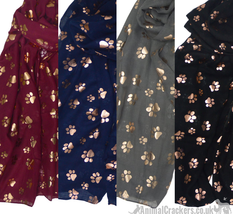 Gold foil Paw print ladies lightweight cotton mix Scarf Sarong in choice of colours, great Dog or Cat lover gift and stocking filler