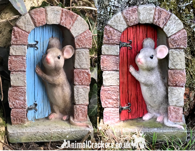 Cute Mouse in doorway with RED door, heavy resin fairy garden door ornament decoration, mice lover gift