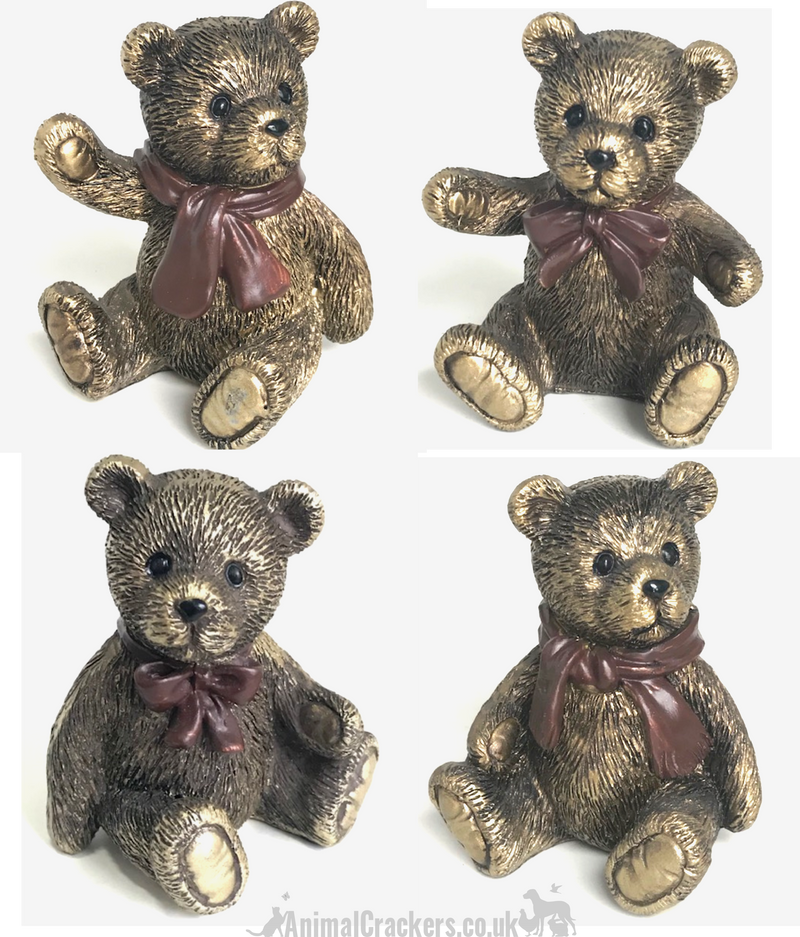 SET OF 4 extremely cute aged brass effect Teddy Bear ornaments, fabulous Teddy Bear lover gift