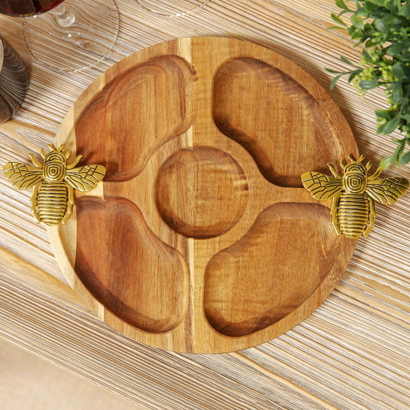 Round wood segmented nibbles board with gold Bee handles, gift boxed
