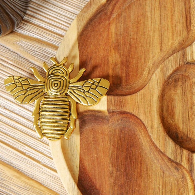 Round wood segmented nibbles board with gold Bee handles, gift boxed