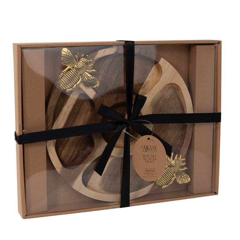 Round wood segmented nibbles board with gold Bee handles, gift boxed