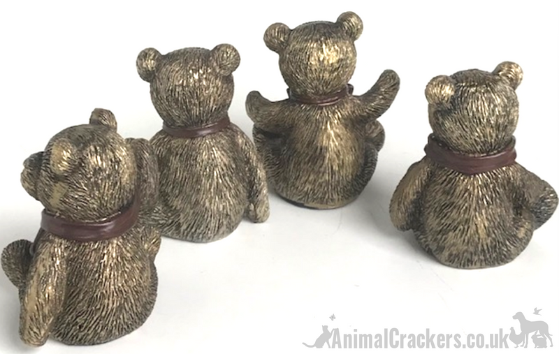 SET OF 4 extremely cute aged brass effect Teddy Bear ornaments, fabulous Teddy Bear lover gift