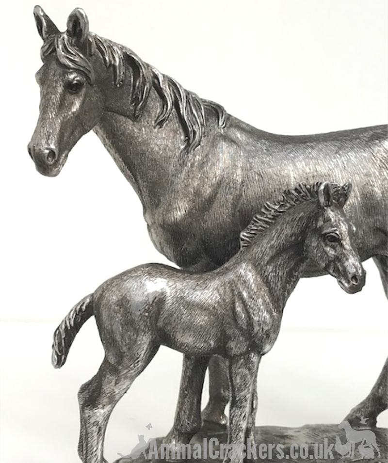 Aged silver effect Mare & Foal ornament figure sculpture statue horse lover gift