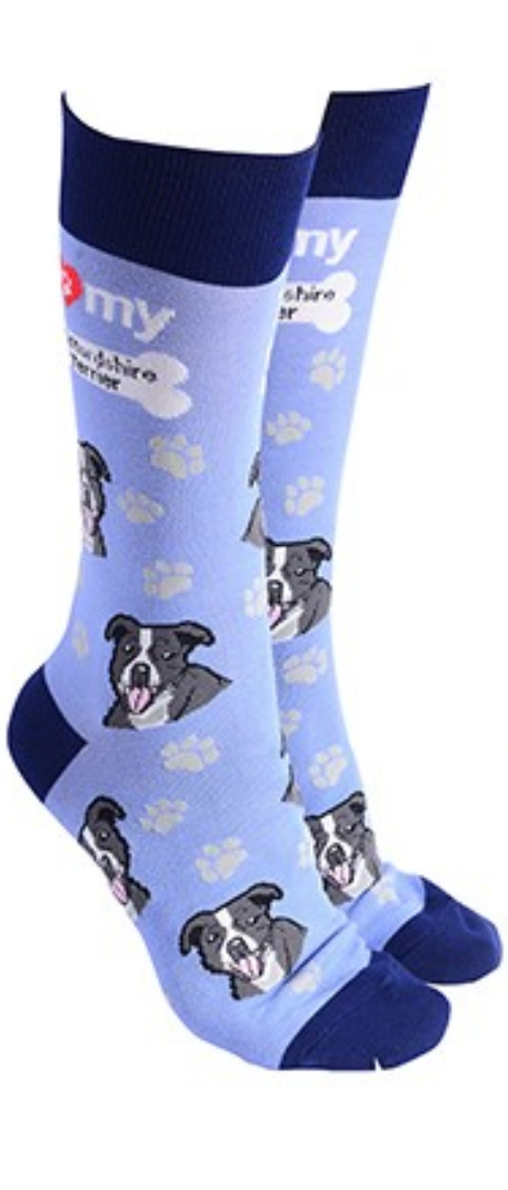 Staffordshire Bull Terrier design socks with 'I love my Staffordshire Terrier' text, quality Unisex One Size stocking filler
