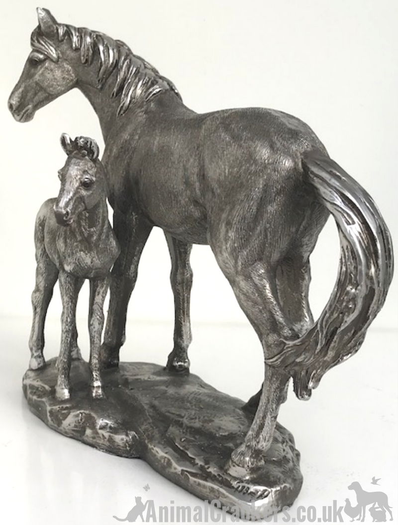 Aged silver effect Mare & Foal ornament figure sculpture statue horse lover gift