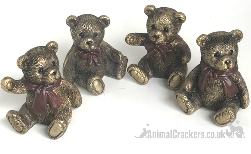 SET OF 4 extremely cute aged brass effect Teddy Bear ornaments, fabulous Teddy Bear lover gift