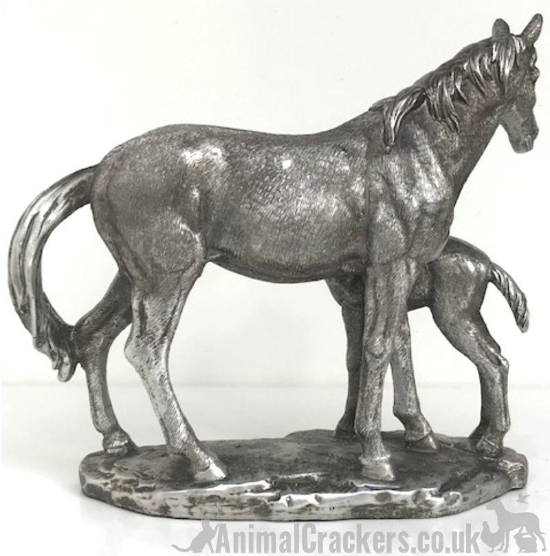 Aged silver effect Mare & Foal ornament figure sculpture statue horse lover gift