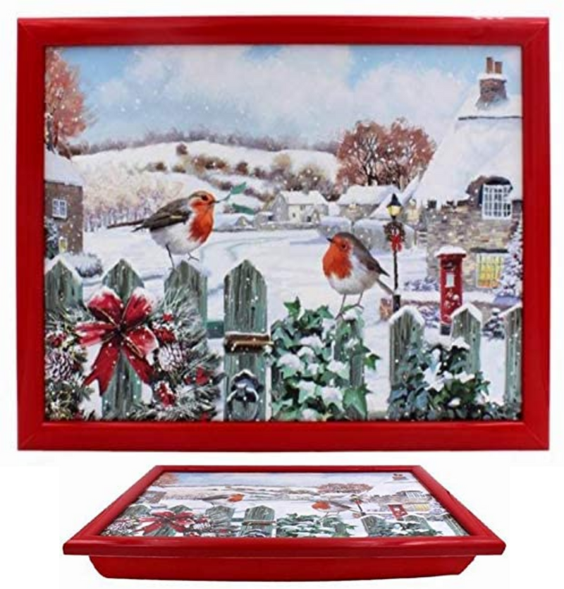 Christmas Robins Padded Lap Tray or laptop Cushion, festive bird lover gift