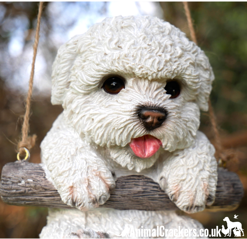 Hanging white Puppy Dog on rope novelty tree garden ornament decoration