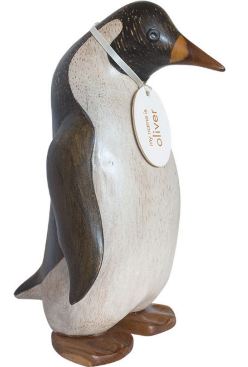 DCUK large (20cm) Emperor Penguin made from hand crafted wood, with name tag