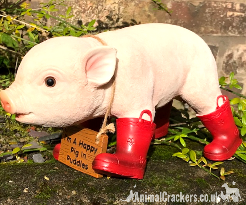 Happy Pig in Red Wellies with removable 'I'm a Happy Pig in Puddles' sign, great novelty garden ornament and Pig lover gift