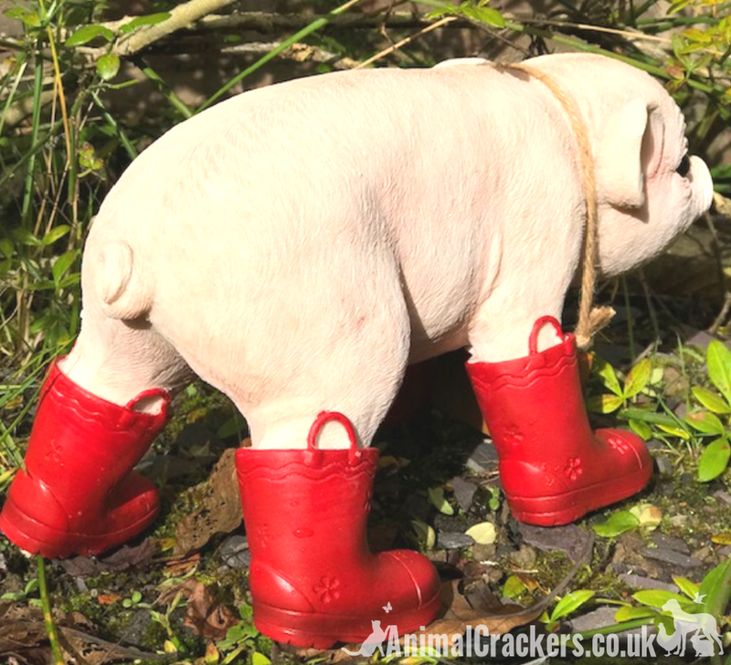 Happy Pig in Red Wellies with removable 'I'm a Happy Pig in Puddles' sign, great novelty garden ornament and Pig lover gift