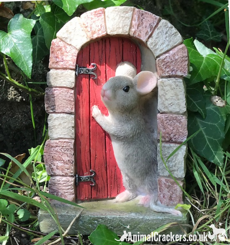 Cute Mouse in doorway with RED door, heavy resin fairy garden door ornament decoration, mice lover gift