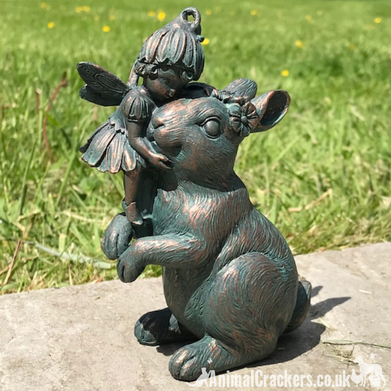 Fairy garden Pixie Child with Rabbit ornament, aged bronze effect