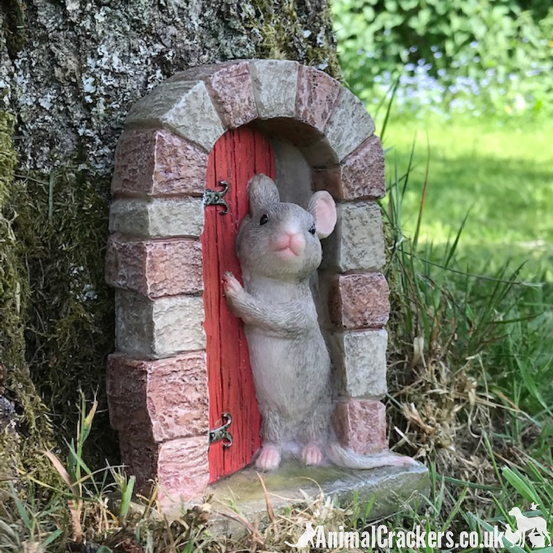 Cute Mouse in doorway with RED door, heavy resin fairy garden door ornament decoration, mice lover gift