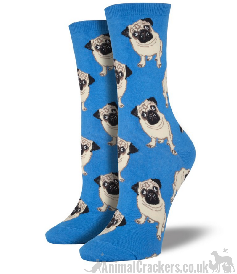 Women's Pugs socks from Socksmith, beige Pug design in a choice of background colours, one size