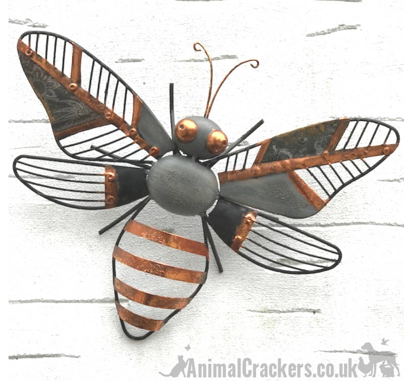 Striking 31cm Grey & Copper metal HONEY BEE wall art garden ornament / sculpture