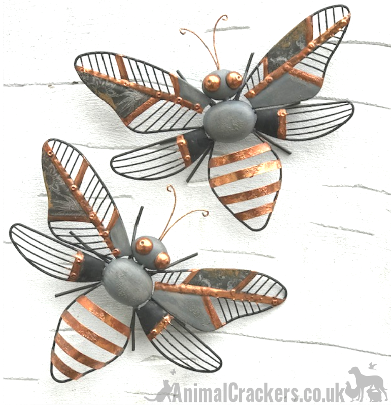 Striking 31cm Grey & Copper metal HONEY BEE wall art garden ornament / sculpture