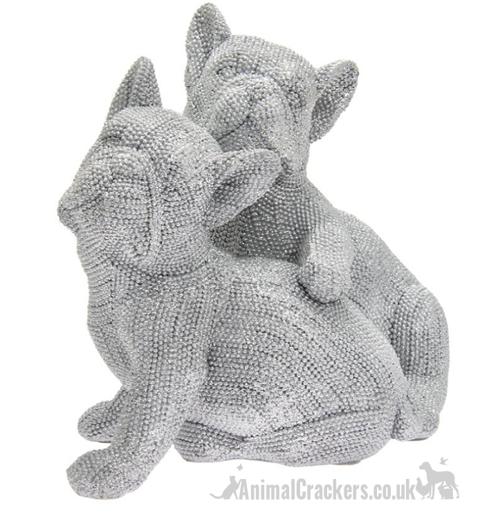 Two French Bulldogs ornament in silver glittery diamante finish, from Lesser & Pavey, gift boxed